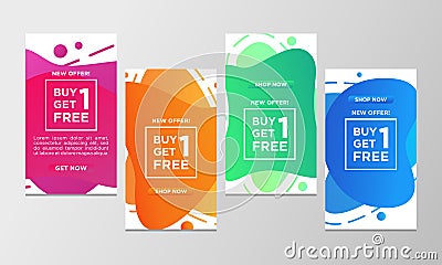 Coupon discount buy one get one free sale banner set. Modern liquid design template colorful special offer. Can use for social Stock Photo