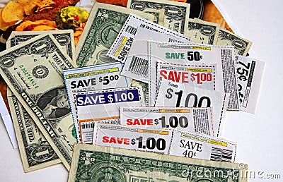 Coupons and dollars Stock Photo