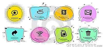 Coupons, Payment message and Trash bin icons set. Full rotation, Share and Wifi signs. Vector Vector Illustration