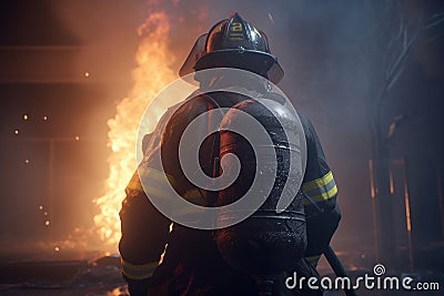 firefighter battles a blaze, using his hose to save a burning building Stock Photo