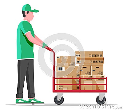 Courier with barrow full of boxes isolated Vector Illustration