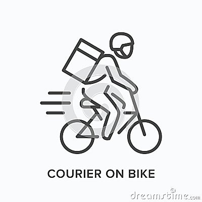 Courier on bike line icon. Vector outline illustration of express delivery. Bicycle pizza guy pictorgam Vector Illustration