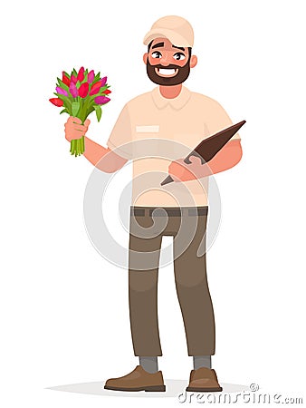 Courier with a bouquet. Flower delivery. Vector illustration Cartoon Illustration