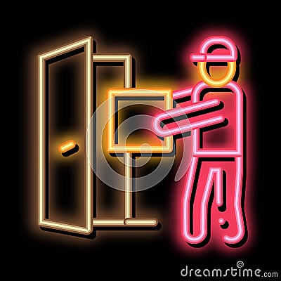 Courier with Box Enters Door neon glow icon illustration Vector Illustration