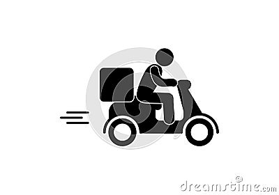 Courier carrying cargo on moped, fast delivery symbol, man rushing to deliver parcel Vector Illustration