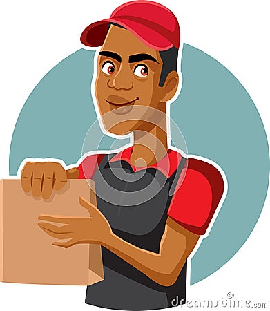 Male Fast Food Worker Holding Delivery Bag Vector Illustration