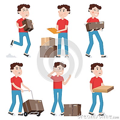 Courier characters,delivery man holding boxes in different poses.Shipping, logistics service in business and industry. Flat style Vector Illustration