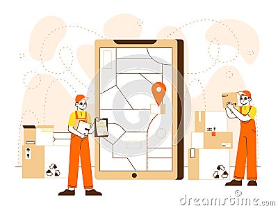 Courier characters, goods delivery service workers concept. Shipping and delivery truck and couriers carrying packaging flat Vector Illustration