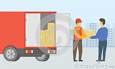 Courier deliver goods to people using truck with city as background Stock Photo