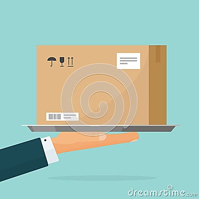 Courier deliver parcel box vector illustration, flat cartoon person hand holding carton package, concept of delivering Vector Illustration
