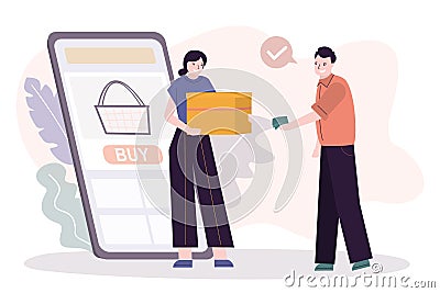 Courier delivered order to client. Male character pays for online order. Cute woman with cardboard box Vector Illustration