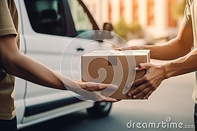 Courier Delivers Box To Customer Beside Of White Van - Generative AI Stock Photo