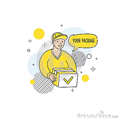 The courier delivers the order to the buyer. Service for the delivery of goods. Vector Illustration