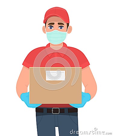 Courier or delivery man in safety protective medical mask, gloves holding parcel cargo box. Door delivery service during Vector Illustration