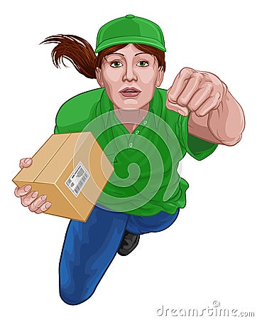 Courier Delivery Superhero Delivering Package Box Vector Illustration