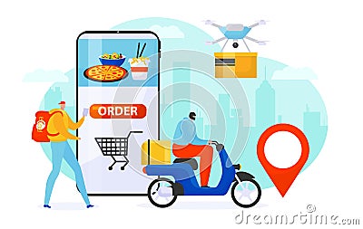 Courier fast food delivery service, vector illustration. Express order shipping by man at bike, drone and transport Vector Illustration