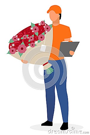Courier with flowers flat vector character. Bouquets delivery service concept. Deliveryman, postman delivered gift and holding Vector Illustration