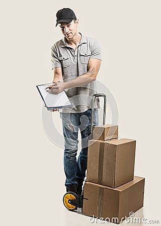 Courier hand truck boxes and packages Stock Photo