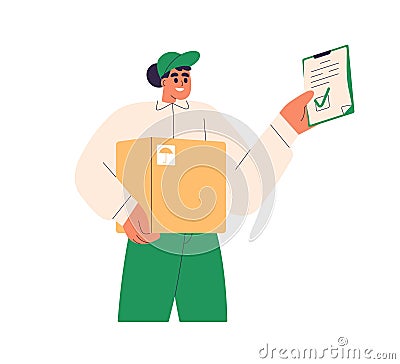 Courier holding parcel and document. Female postman from delivery service. Postman delivering order in box package and Vector Illustration