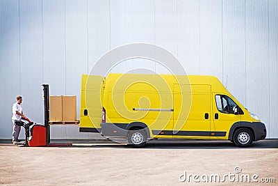 Package loading, the shipment has been processed in the parcel center. Stock Photo