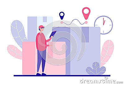 Courier looks delivery route concept. Male character with tablet calculates time and number of customer orders Vector Illustration