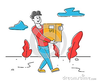 Courier Man Carry Parcel Box. Package Mail Delivery Service, Postage Transportation. Loader Bringing Packing in Post Vector Illustration