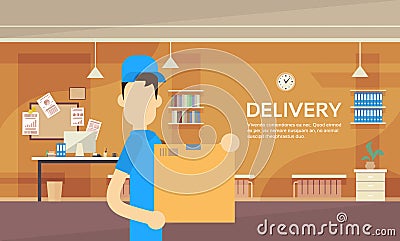 Courier Man Hold Box Delivery Package Post Service Warehouse Interior Vector Illustration