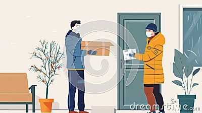 Courier in mask delivering package at customer's doorstep during pandemic Stock Photo