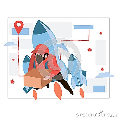 Courier in medical mask and cap sits on blue rocket holding parcel box. Express delivery. Courier delivering orders Vector Illustration