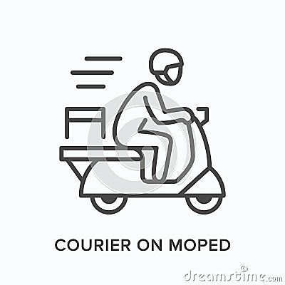 Courier on moped line icon. Vector outline illustration of express delivery. Scooter pizza guy pictorgam Vector Illustration