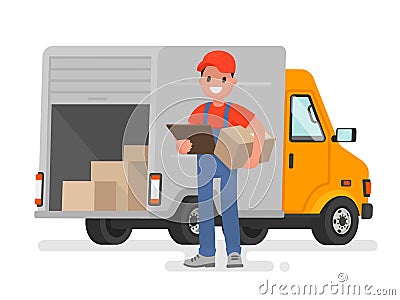 Courier with the parcel on the background of the delivery service van Cartoon Illustration