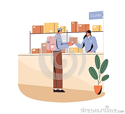 Courier picking parcel from post delivery office. Mail service worker giving order in box to deliveryman at counter desk Vector Illustration