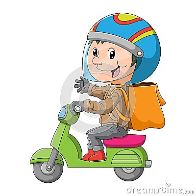 The courier is riding the motorcycle to deliver the goods Vector Illustration