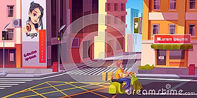 Courier riding scooter on street, delivery service Vector Illustration