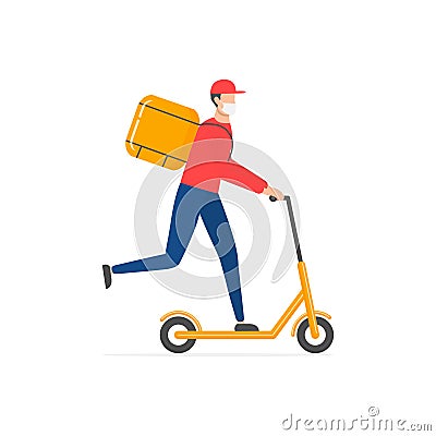 Courier on scooter with parcel box vector isolated on white. Courier wearing in respiratory mask to prevent corona virus pandemic. Vector Illustration