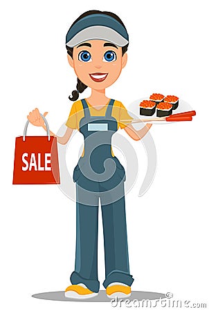 Courier woman holding sushi, chopsticks and paper bag for sale. Vector Illustration