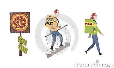 Couriers carrying boxes with tasty hot pizza set cartoon vector illustration Vector Illustration