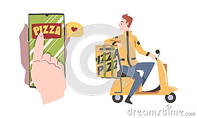 Couriers carrying boxes with tasty hot pizza set. Online food delivery service cartoon vector illustration Vector Illustration