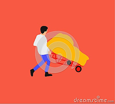 Couriers, postman, deliveryman man rolling cardboard box cargo trolley pushcart courier carrying parcels on hand truck warehouse. Vector Illustration