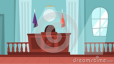 Court building interior with empty courtroom. Trial process Vector Illustration