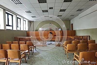 Court hall room justice chairs judgement background Stock Photo