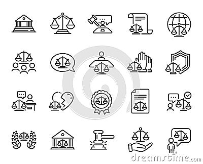 Court line icons. Scales of Justice, Lawyer and Judge. Hammer, Law and Petition document. Vector Vector Illustration