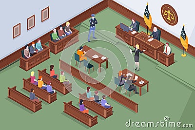 Court process courtroom hearing, judge, isometric Vector Illustration