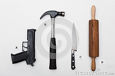 Court room evidence weapons on white Stock Photo