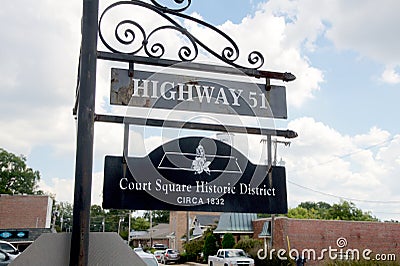 Court Square Historic District sign, Hernando, Mississippi. Editorial Stock Photo