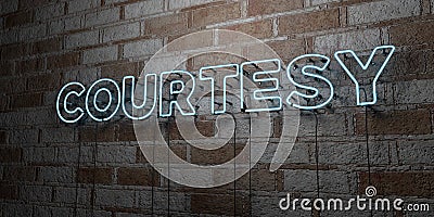 COURTESY - Glowing Neon Sign on stonework wall - 3D rendered royalty free stock illustration Cartoon Illustration