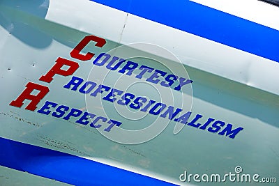 Courtesy, Professionalism, Respect sign at New York Police Department car Stock Photo