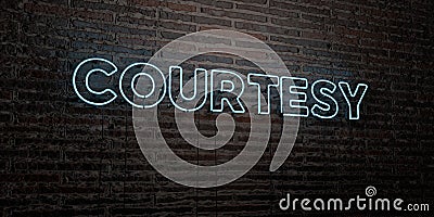COURTESY -Realistic Neon Sign on Brick Wall background - 3D rendered royalty free stock image Stock Photo