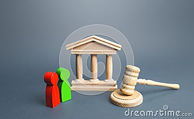 Courthouse and two opponents. Conflict resolution, justice and rule of law. Protection of rights, business relations. Legal Stock Photo