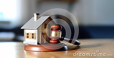 Courtroom Drama Miniature House and Judge's Gavel in Real Estate Litigation - Generative AI Cartoon Illustration